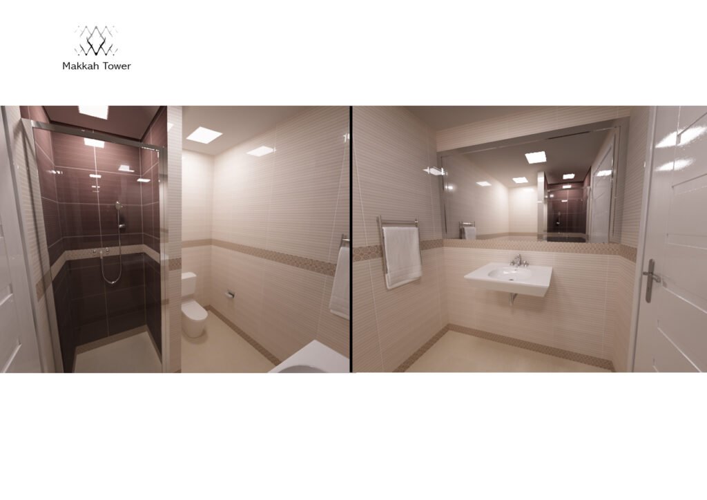 
INJ Architects hotel bathroom interior with glass shower enclosure beige wall tiles wall mounted sink mirror towel rail and recessed ceiling lights