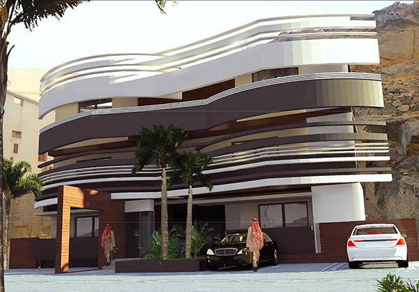 ABJ Residential Building exterior view with curving balconies and horizontal banding