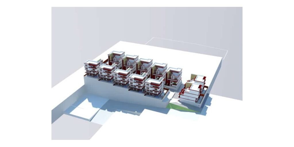 Aerial view of Awali Hills residential development showing terraced houses on hillside