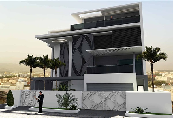 Modern villa design exterior by INJ Architects showing clean lines and flat roof