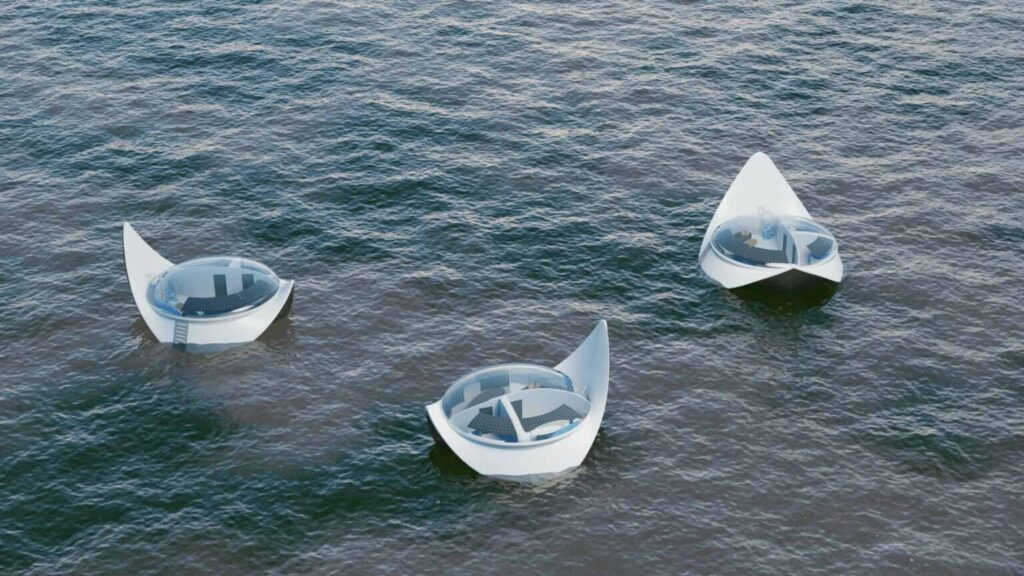 "Cluster of floating homes on the Red Sea, designed by INJ Architects, showcasing innovative solutions for sustainable living."