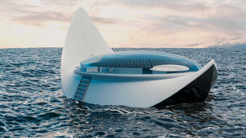 "Conceptual rendering of the Red Sea Home floating on the Red Sea, showcasing its sleek facades and glass envelope reflecting the turquoise waters."