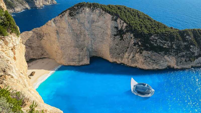 "Panoramic view of a lush coastal landscape with a small floating boat resembling the design of the Red Sea Home."