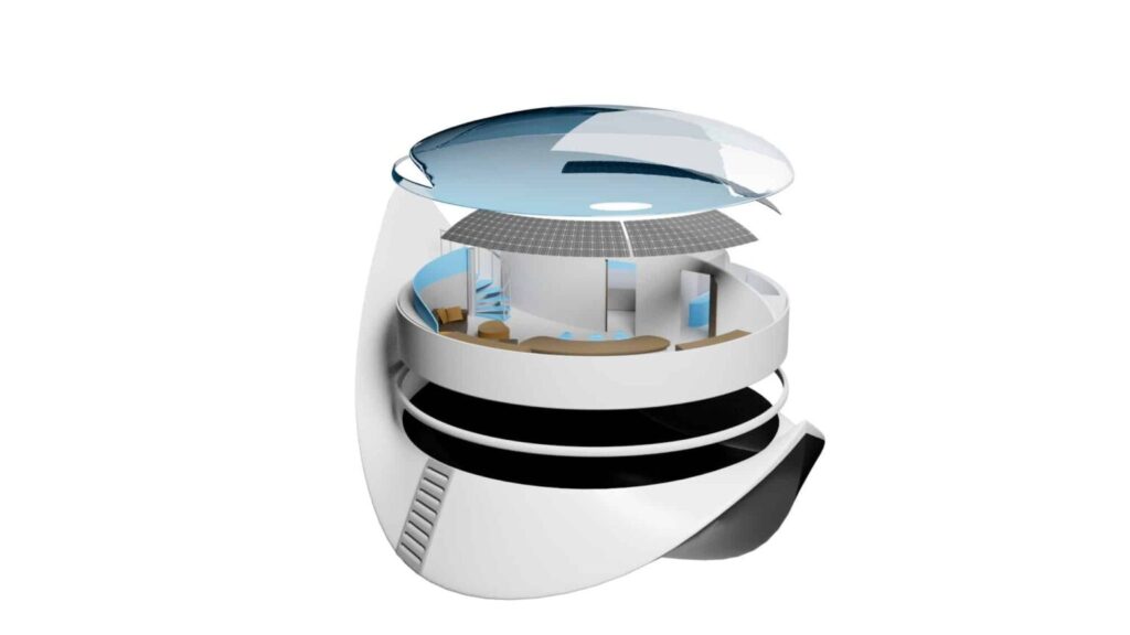 "3D model showing the cross-sectional design of the Red Sea Home, highlighting the internal structure and advanced engineering details."