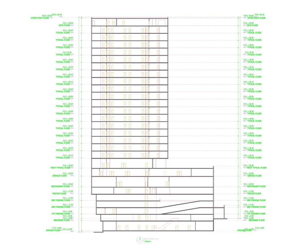 INJ Architects architectural section drawing showing a tall tower with a wide base featuring green text labels indicating floor levels and internal circulation paths.