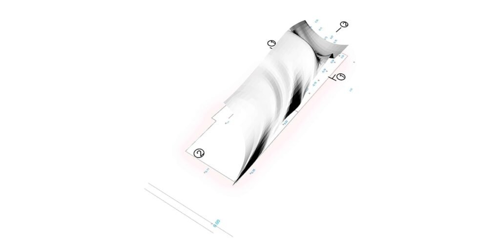 INJ Architects isometric diagram displaying a volumetric land block with complex black and white topographic shading patterns and schematic pink boundary lines.