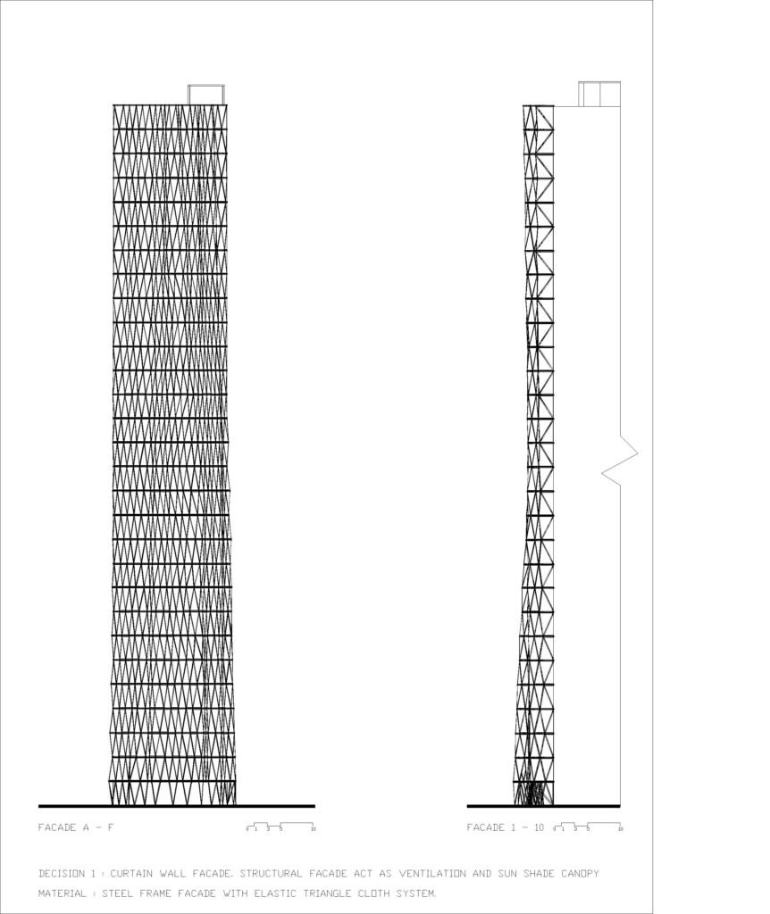 INJ Architects black and white architectural elevation drawings showing frontal and profile views of a tall tower with a geometric triangular steel frame cloth system on a white background