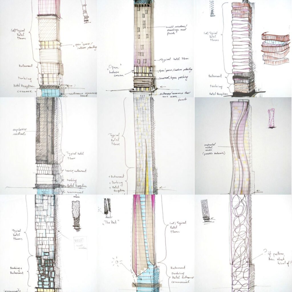 INJ Architects grid of nine hand drawn architectural sketches showing various high rise tower facade concepts with handwritten programmatic notes and color accents on white paper.