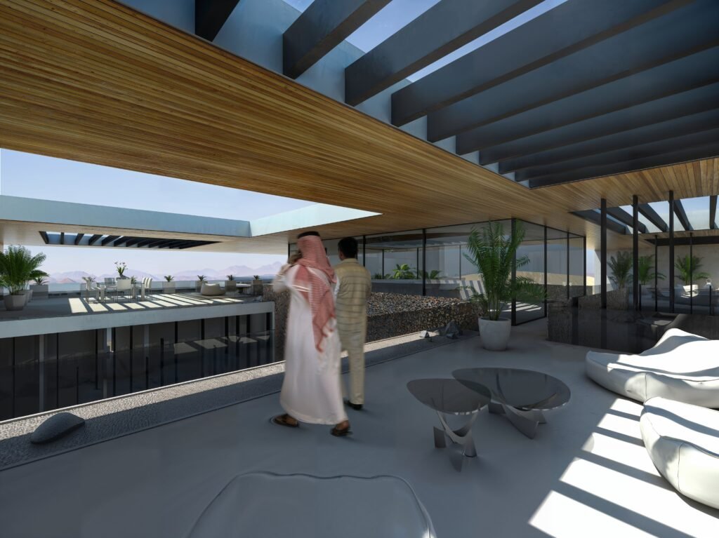 INJ Architects rendering of a covered outdoor terrace with a wood paneled ceiling two male figures in traditional Saudi dress standing in conversation a low stone table organic seating forms tall glazed facade panels and an open desert horizon in the background