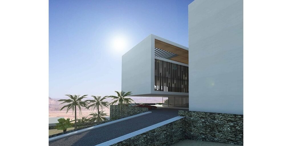 INJ Architects rendering of a white cantilevered upper volume elevated above an open ground floor with vertical dark screen louvers floor to ceiling glazing a wooden ceiling detail palm trees and rocky desert mountains in the background