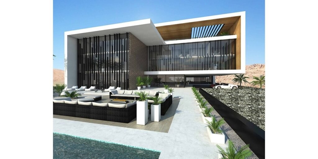 INJ Architects rendering of a residential facade with dark vertical metal louvers full height glazing a cantilevered white roof an outdoor living area with dark rattan furniture white cushions a fire feature potted palms and a swimming pool edge in the foreground