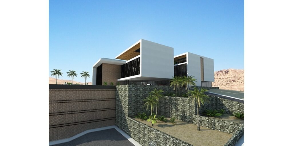 INJ Architects rendering of a residential street level facade with two white cantilevered volumes dark vertical louver screens a wooden soffit an ornamental patterned boundary wall gabion stone retaining structures palm trees and rocky desert mountains in the background