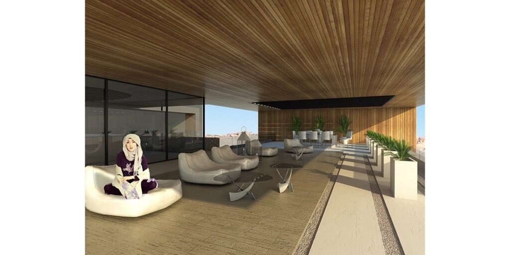 INJ Architects interior rendering of a wide shaded terrace with a continuous warm wood plank ceiling full height glazing along the left wall organic white lounge furniture a seated female figure in a hijab potted plants a striped stone floor and an arid rocky desert visible through the glazing