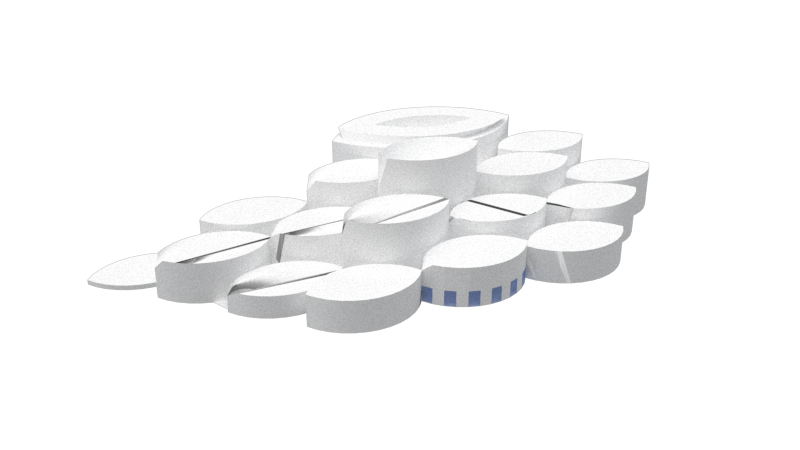 INJ Architects wireframe perspective diagram displaying transparent stacked organic volumes with internal floor plates indicating vertical spatial organization against a white background.