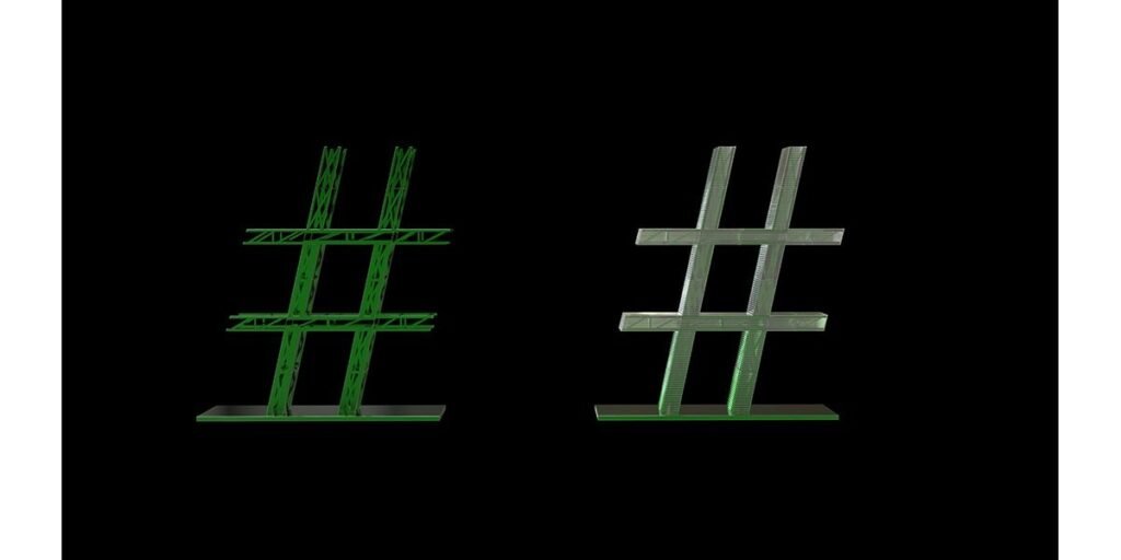 INJ Architects three dimensional rendering showing two hashtag monument models side by side against a black background the left in exposed green steel truss and the right clad in layered translucent polycarbonate panels