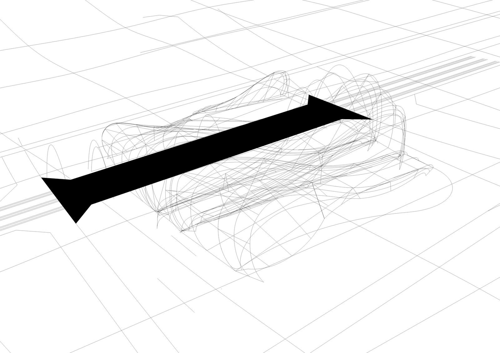 INJ Architects wireframe isometric drawing of the Xi'an Train Station showing a dense tangle of parametric curves forming the roof geometry with a large solid black double headed arrow overlaid horizontally across the center of the composition against a white background