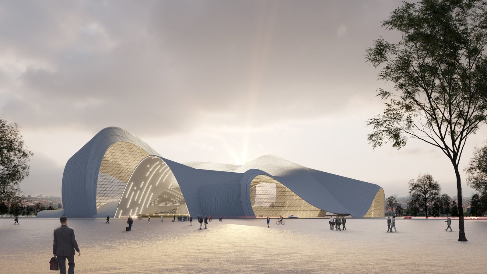 INJ Architects exterior rendering of the Xi'an Train Station from a lateral viewpoint showing the full undulating roof profile with amber glazed openings glowing under an overcast sky pedestrians distributed across the forecourt and a bare tree in the right foreground