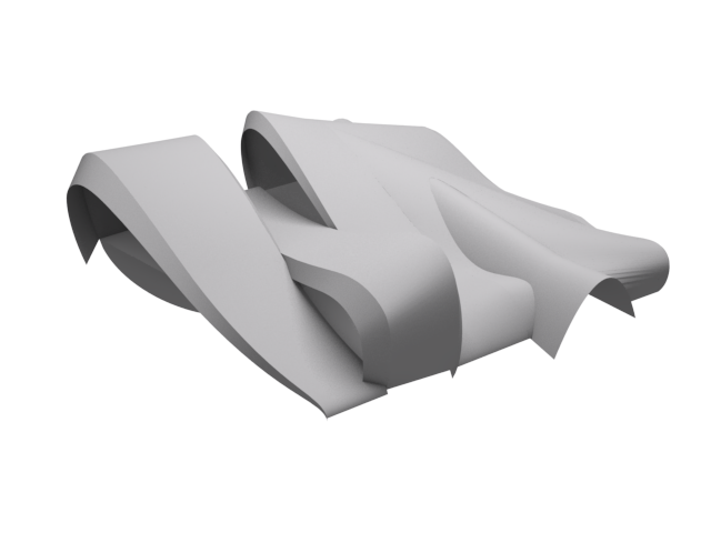 INJ Architects monochrome digital volume study showing a curving ribbon like canopy with overlapping organic shapes creating deep dark voids against a plain white background
