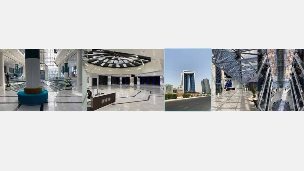 INJ Architects composite photo strip showing four existing condition images of Jeddah Chamber of Commerce: interior lobby with teal seating, empty reception hall with octagonal ceiling, exterior building facade, and entrance canopy steel structure