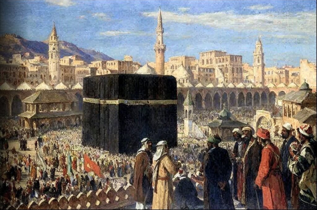 classical painted illustration showing a dense crowd of diverse figures surrounding the black draped Kaaba within an enclosed stone courtyard architecture