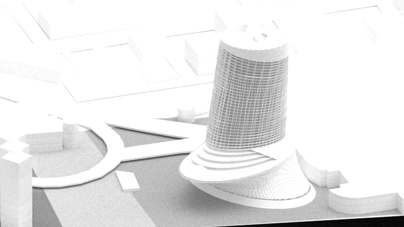 INJ Architects digital grayscale rendering showing a tall oval tower with a sweeping flared base situated within a geometric urban waterfront context casting soft shadows