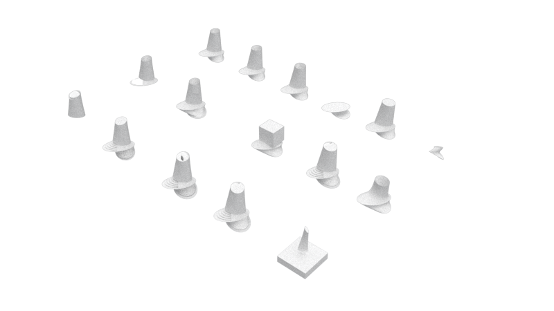 INJ Architects grid of fifteen small white conceptual massing models arranged systematically to display various geometric modifications of a tower resting on a flat plane