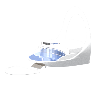 Architectural concept model of a futuristic white building featuring a sweeping arch frame, pool, and glass facade