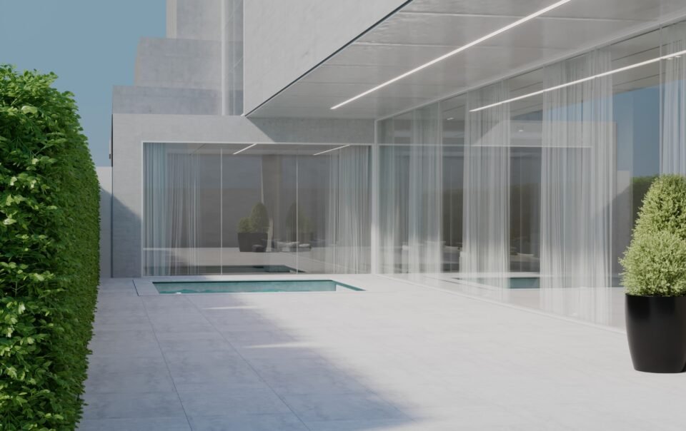 Minimalist open rear courtyard featuring a swimming pool, floor-to-ceiling glass walls, and lush green hedges.