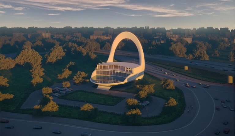 INJ Architects daytime view of a wide paved walkway flanked by green hedges leading directly to a monumental white arched architectural structure