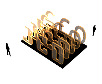 INJ Architects 3D isometric rendering of a glowing golden typographic structure spelling JED and its Arabic equivalent on a black rectangular base flanked by two black human silhouettes against a white background