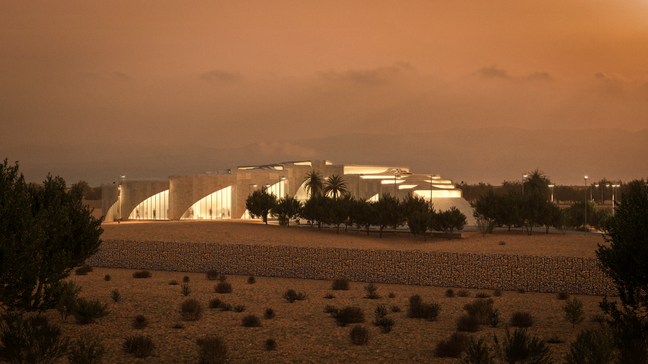 INJ Architects dusk rendering of the Harouni Resort showing a sweeping concrete structure with illuminated arched interior volumes and stepped exterior terraces settling into a hazy desert landscape