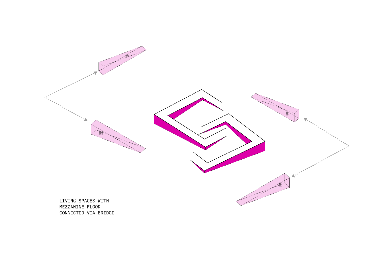 INJ Architects exploded isometric diagram showing magenta wedge shaped volumes connecting to form an interlocking multi level residential structure