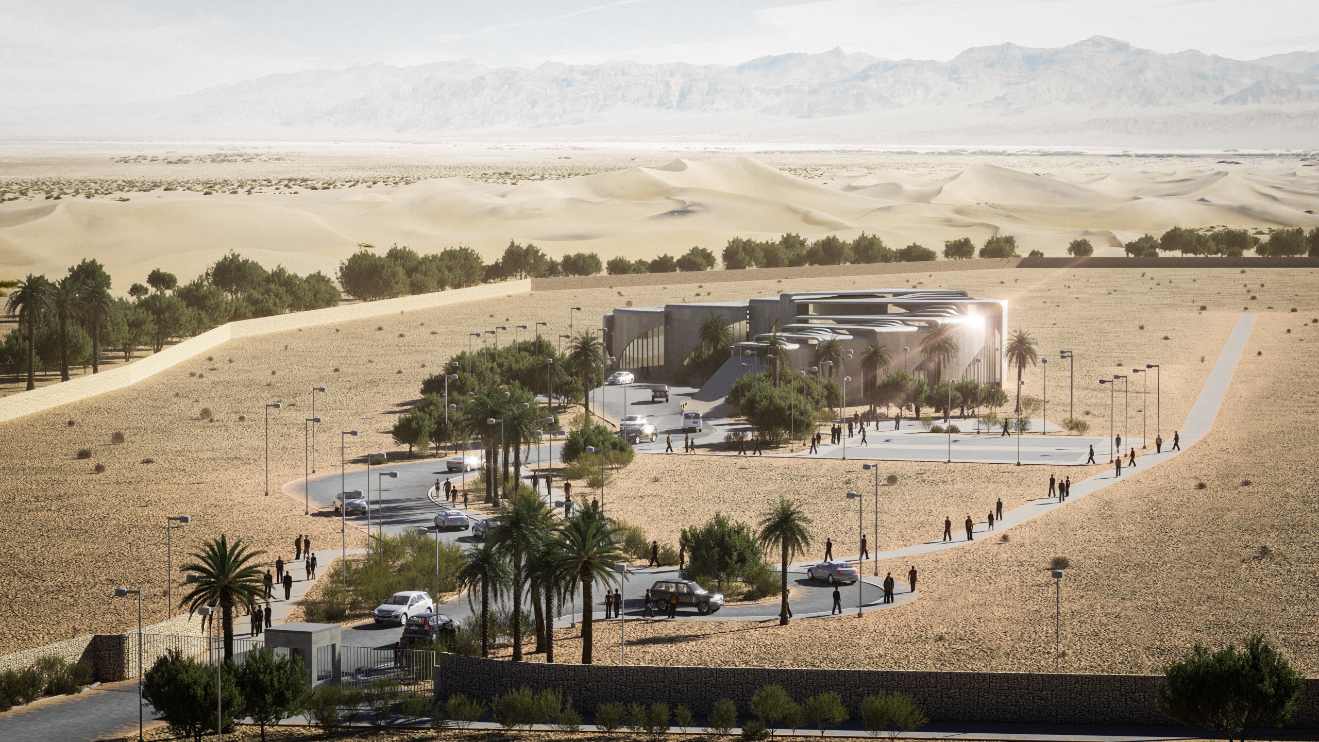 INJ Architects daytime aerial rendering of a large walled desert compound showing a curved concrete resort building accessed by a winding paved road surrounded by palm trees and dunes