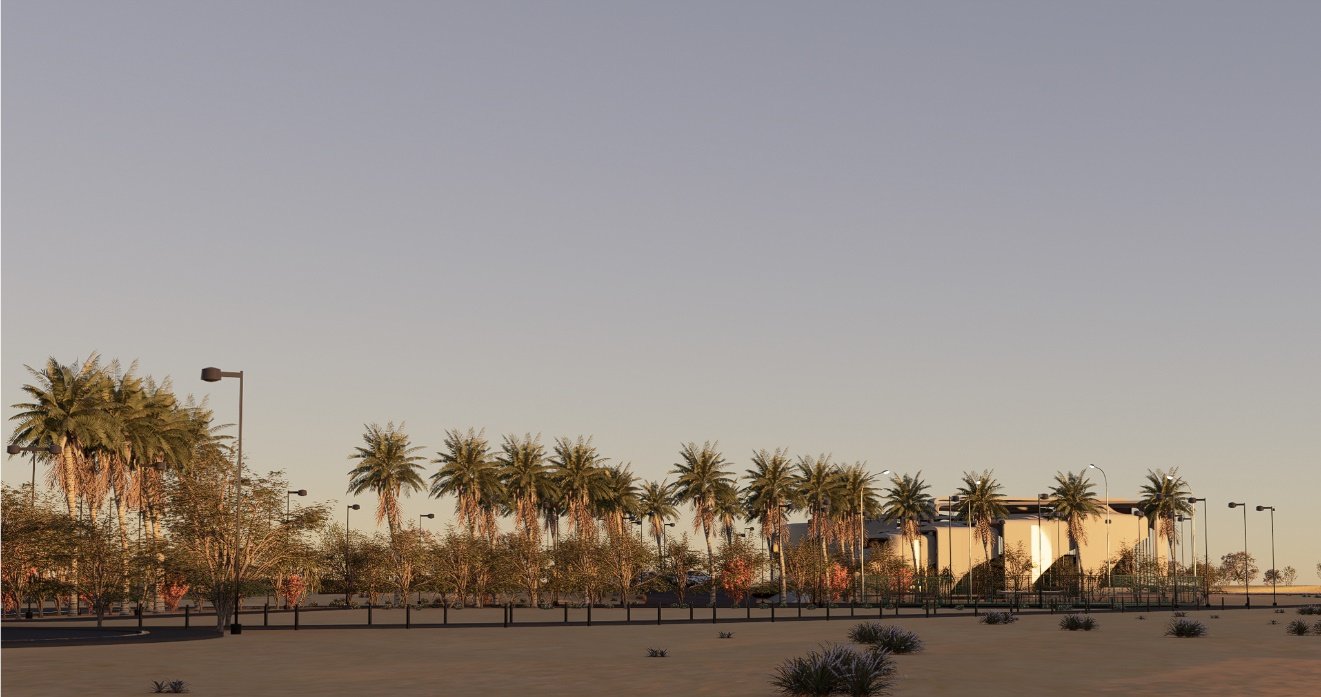 INJ Architects daytime rendering of the Harouni Resort perimeter showing a black fenced equestrian track in the foreground a dense row of palm trees and the concrete building mass in the distance under a clear sky