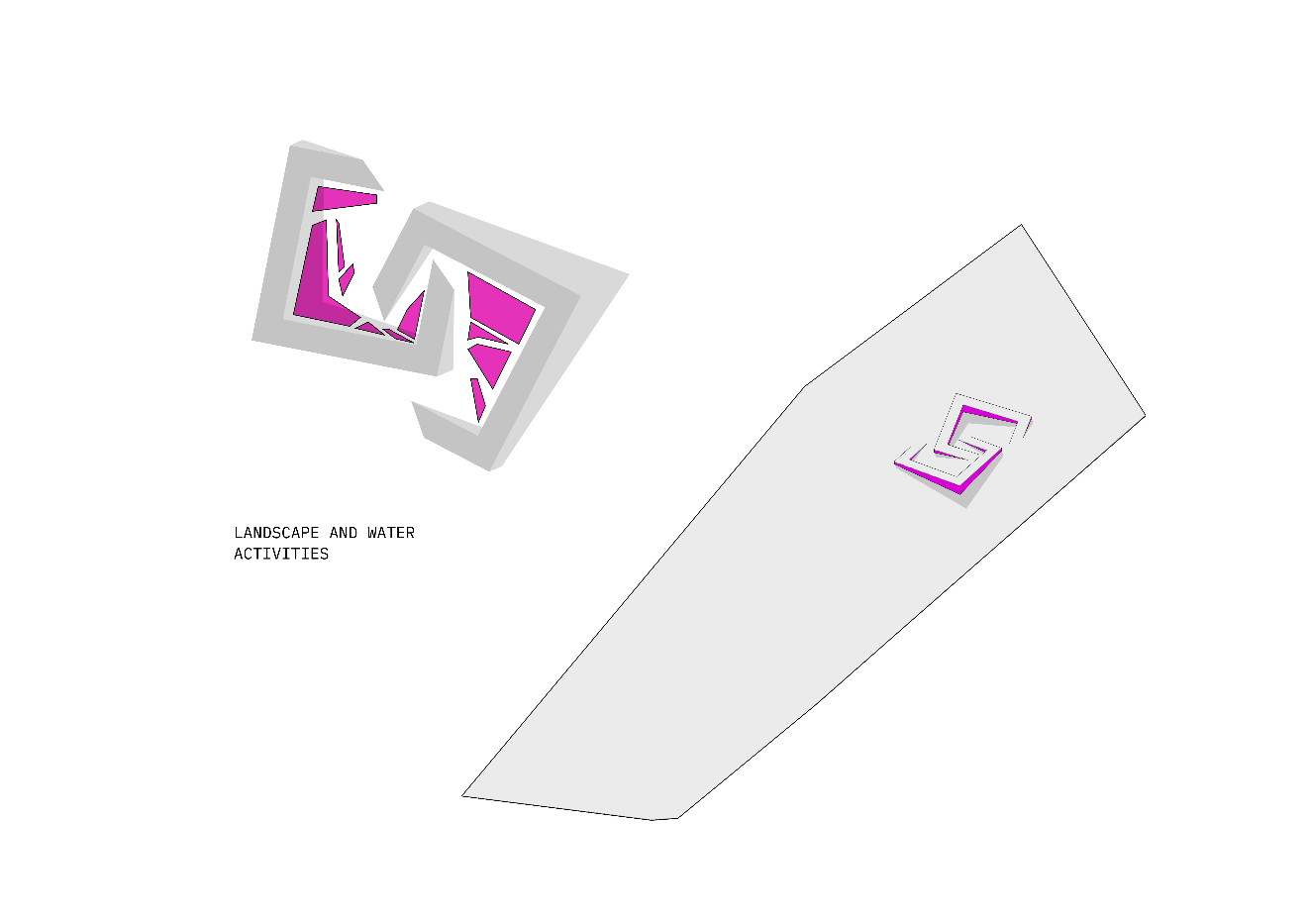 INJ Architects digital site plan diagram showing an interlocking angular geometric building footprint highlighted in magenta placed within a large polygonal plot
