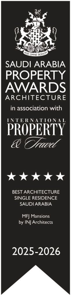 INJ Architects black rectangular award banner featuring five white stars and precise typography documenting institutional recognition for a single residential property design