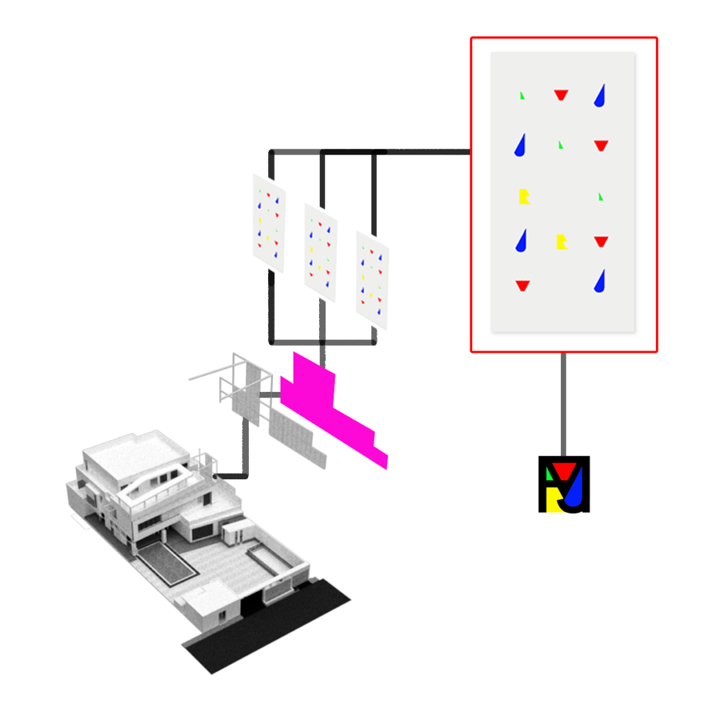 INJ Architects digital diagram illustrating the translation of a graphic monogram into a three dimensional architectural shading screen above a residential villa massing model
