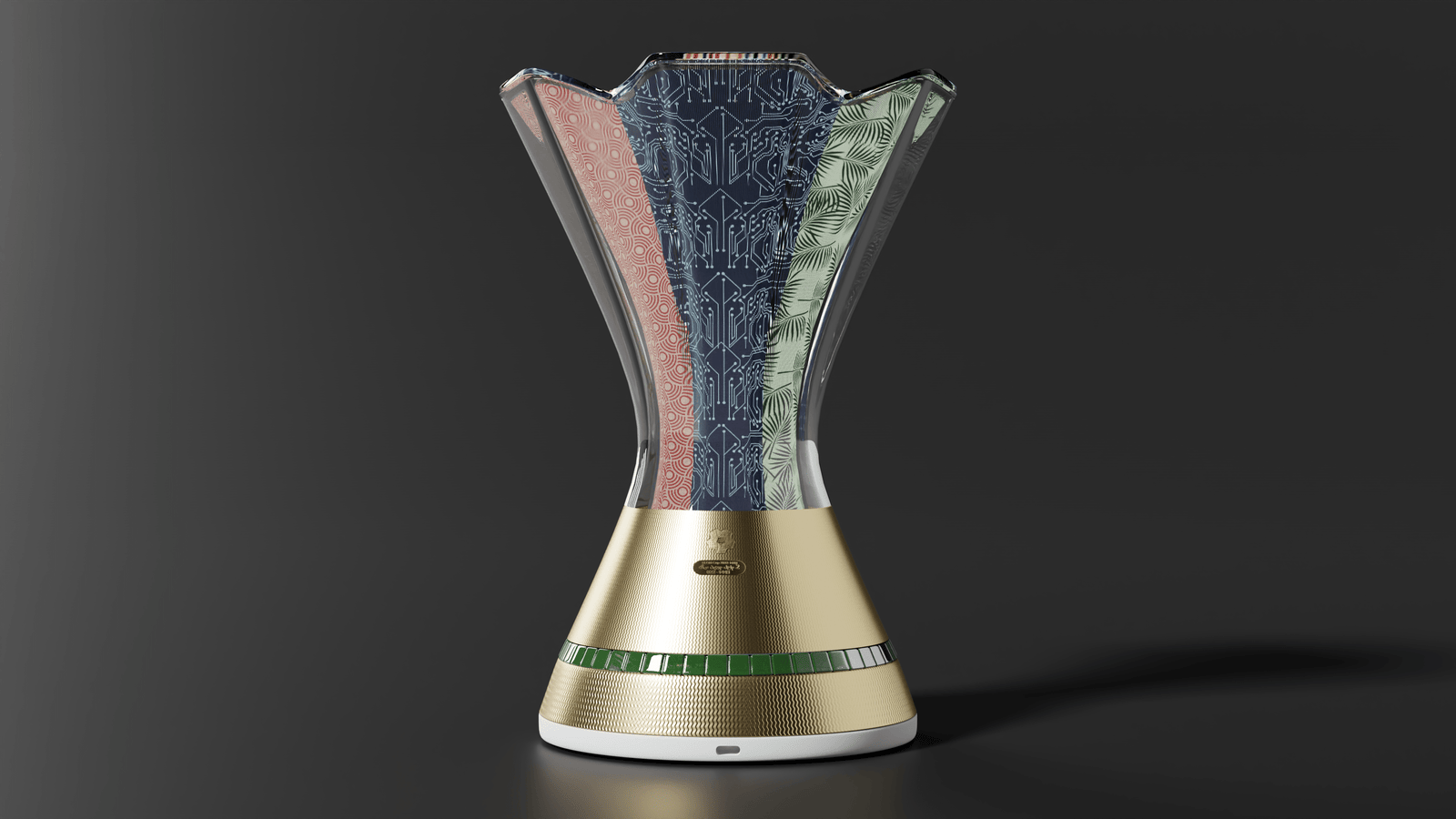 INJ Architects rendering of a single ceremonial cup featuring a wide transparent rim with circuit board and botanical patterns above a conical golden base