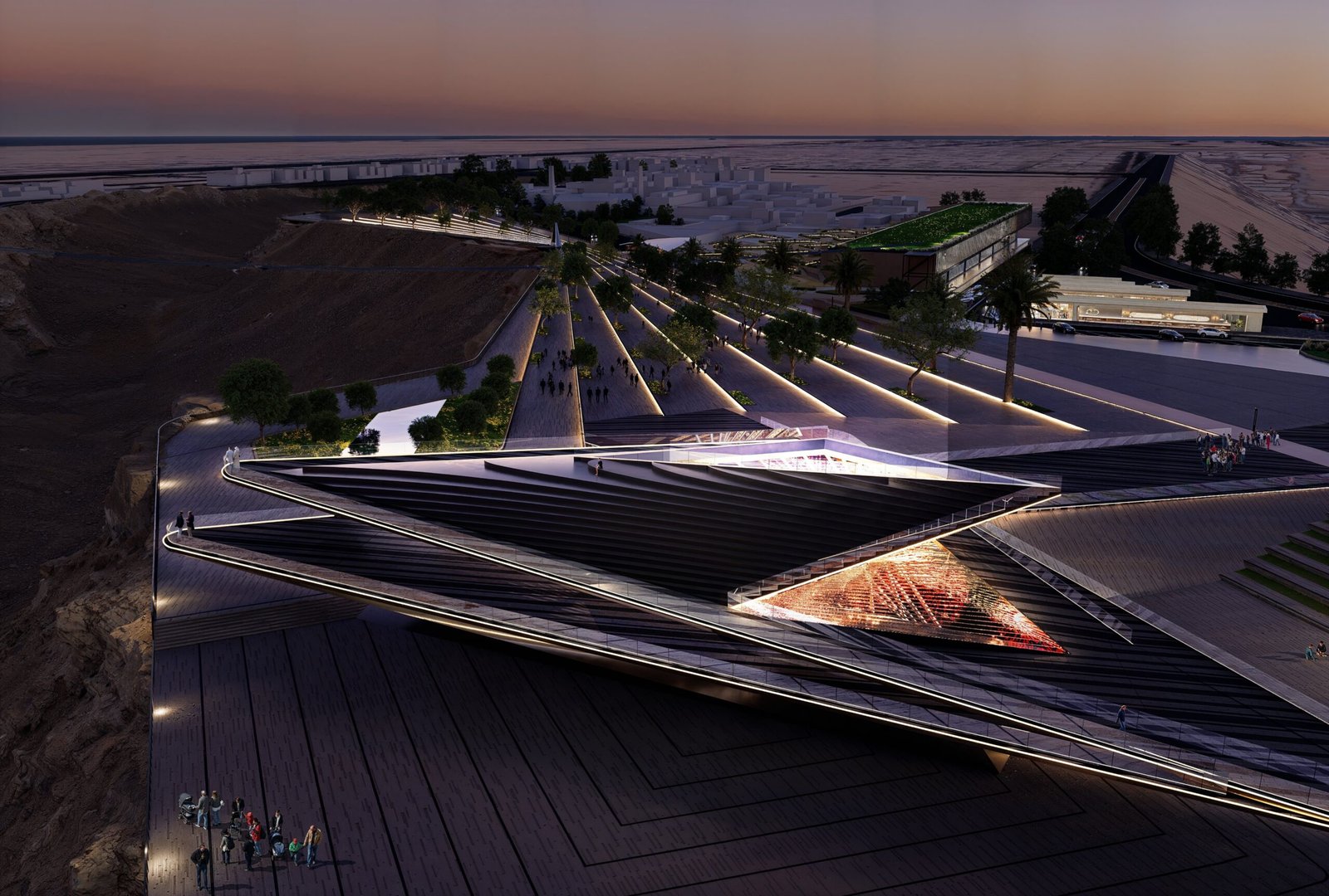 INJ Architects twilight aerial rendering of the Riyadh Lookout pavilion featuring massive angular cantilevered canopies with warm under-lighting situated on an expansive paved plaza with stepped linear landscape illumination