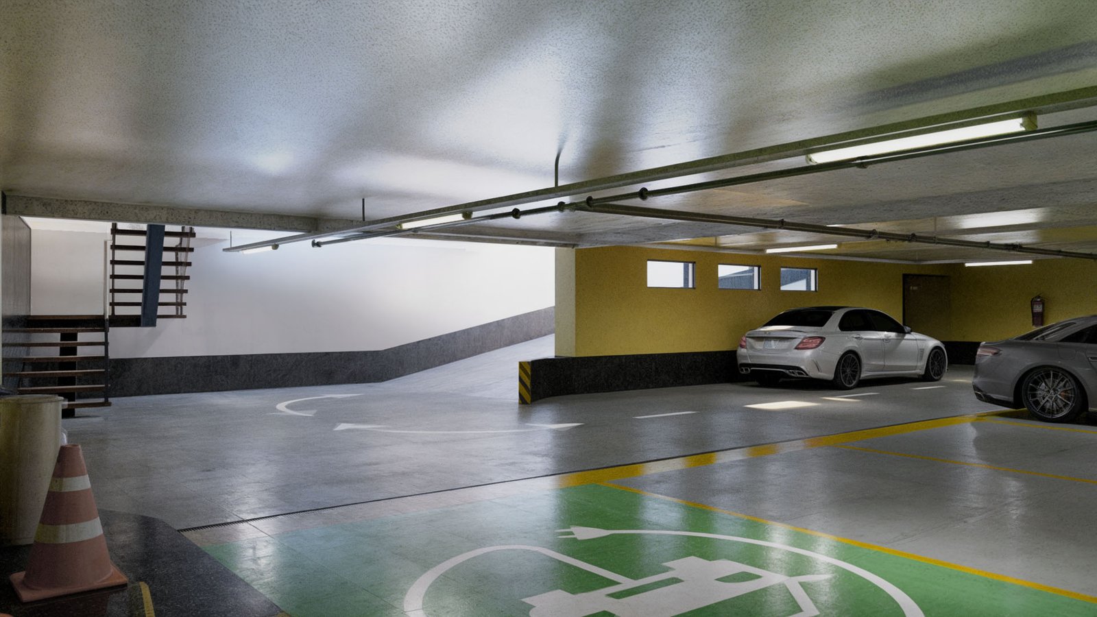 INJ Architects interior rendering of a concrete parking garage featuring suspended linear fixtures a green electric vehicle bay an access ramp and an open staircase