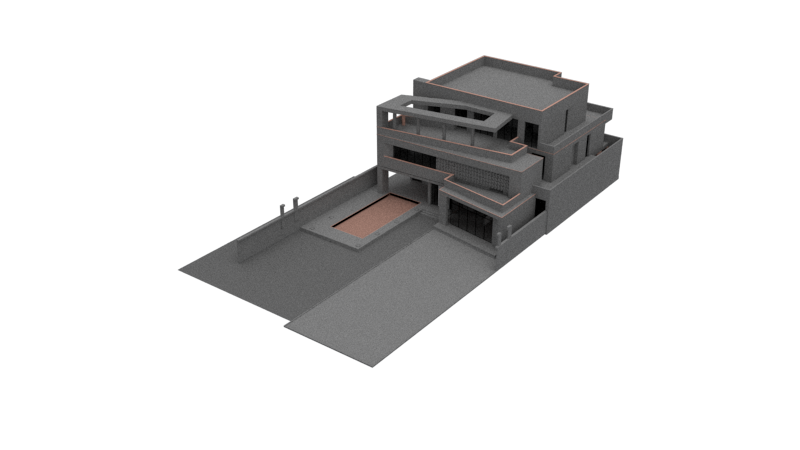 INJ Architects grey digital massing model showing a multi level modern residential structure with flat roofs a perimeter wall and a courtyard pool