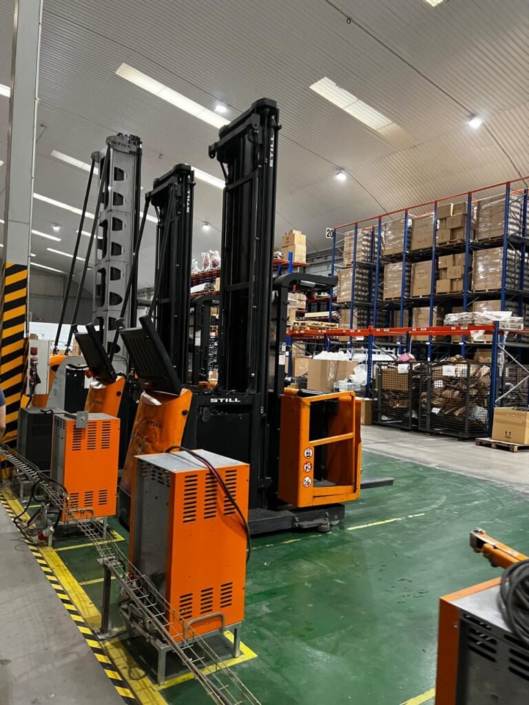 Industrial warehouse perspective from image_24763b.png showing specialized material handling machinery and automated logistics racks during an official international factory sourcing and inspection visit to Spain Italy and China by INJ Architects