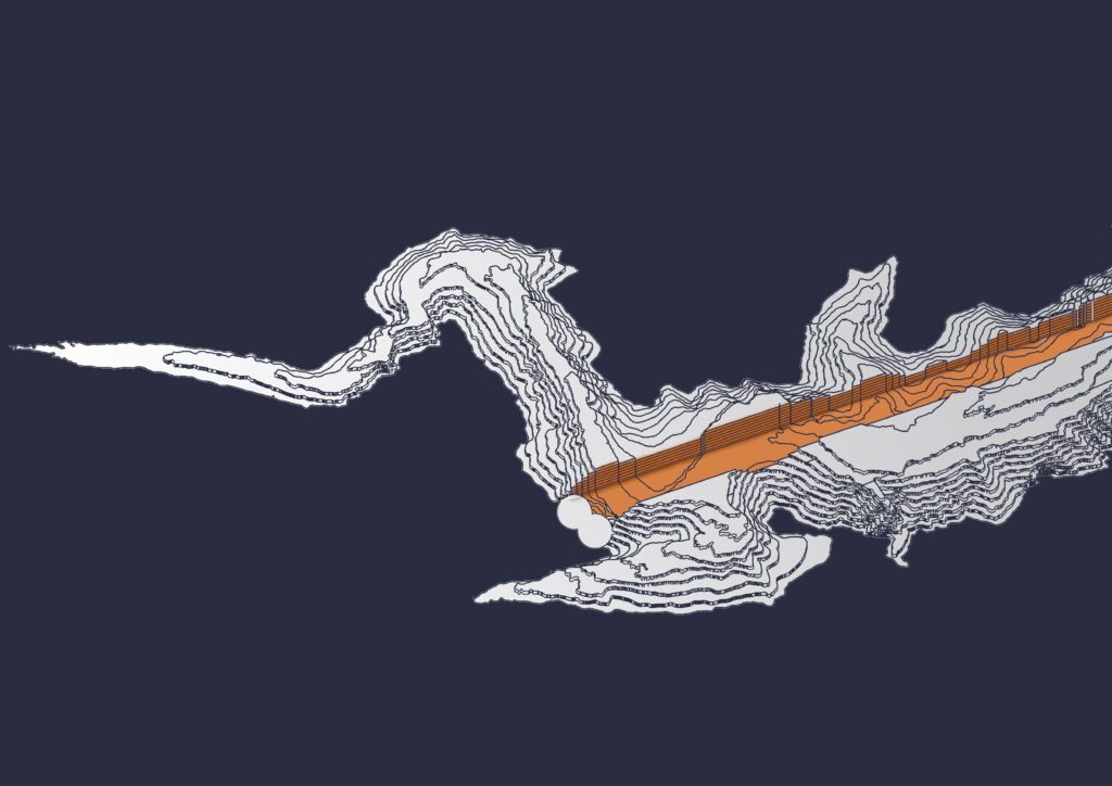 A 3D digital model of TOPOARTIC 'The Line,' showing a precise linear intervention cutting horizontally across white topographic contour lines.