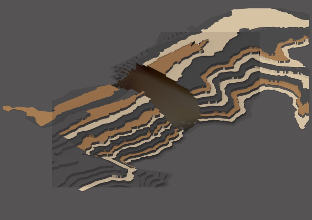 A 3D digital model of TOPOARTIC 'The Pipe,' illustrating a cylindrical, tunnel-like subtraction burrowing through solid, earth-toned topographic layers.