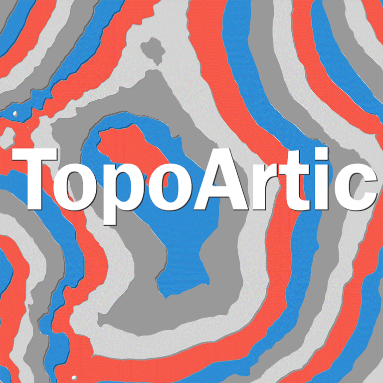 The official brand logo for the TopoArtic project, featuring the white text "TopoArtic" overlaid on an abstract pattern of red, blue, and gray topographic contour lines.