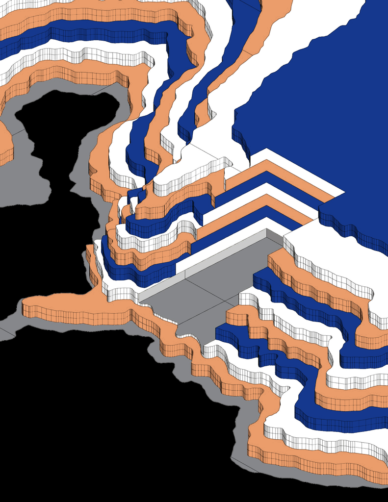 Three-dimensional mountain model with an angular cut through melon-orange, deep blue and white contour layers, grey exposed faces and fine wire lines.