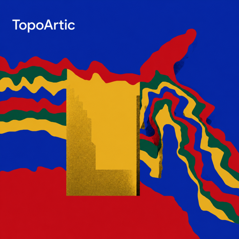 TopoArtic text above abstract artwork featuring colorful wavy topographical layers and a textured gold central structure