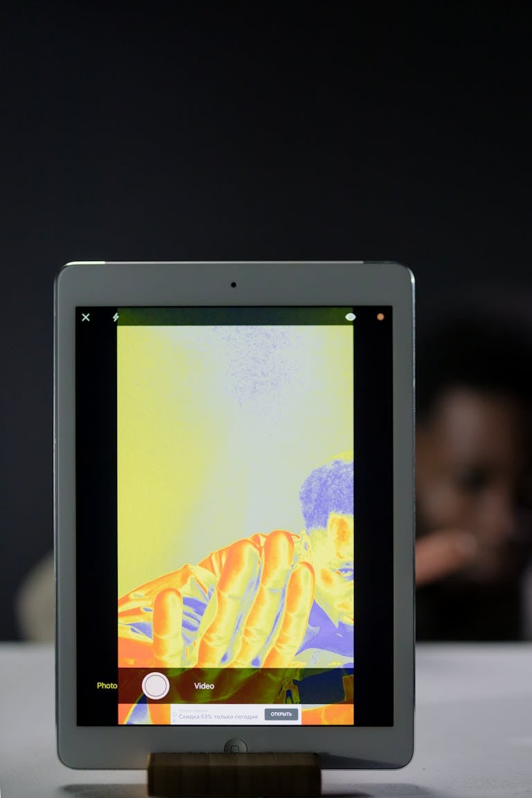 A tablet showing thermal imaging with a blurred person in the background.