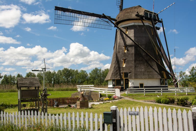 Charming traditional Dutch windmill in a lush countryside landscape with clear blue sky.