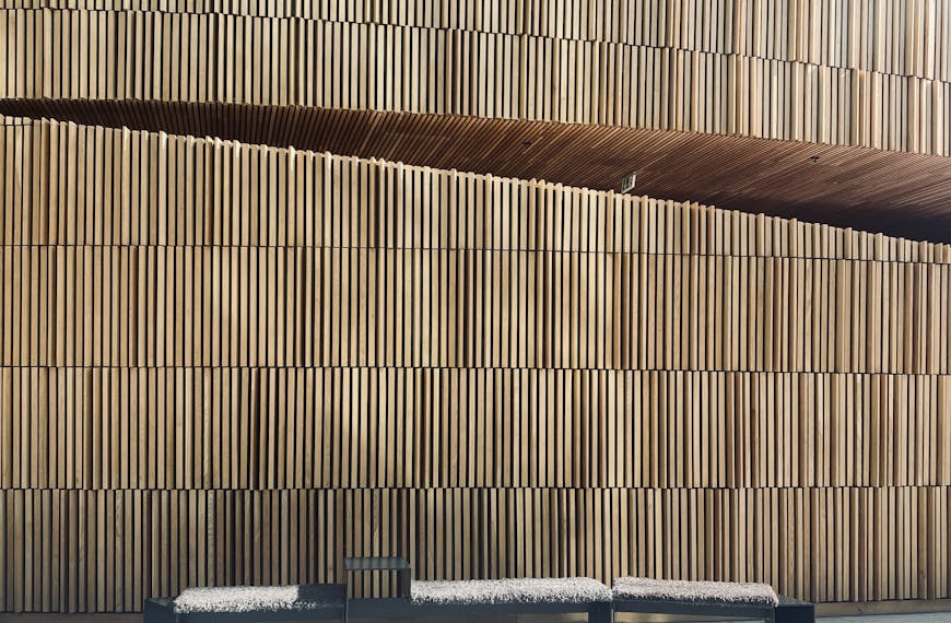 Minimalist interior featuring wooden slatted walls in Oslo Opera House.